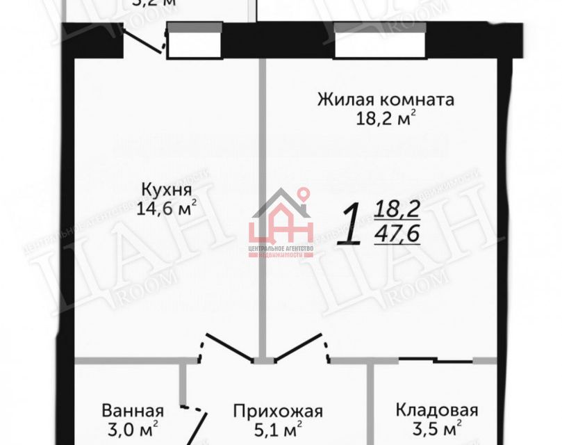 Продаётся 1-комнатная квартира, 47.6 м²