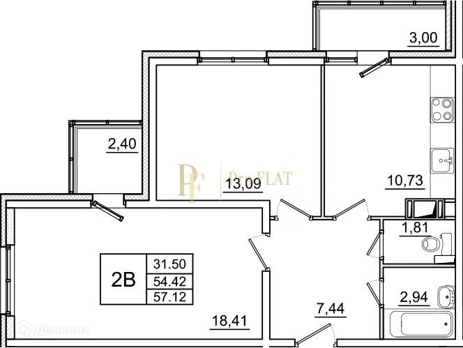 Продаётся 2-комнатная квартира, 57.1 м²