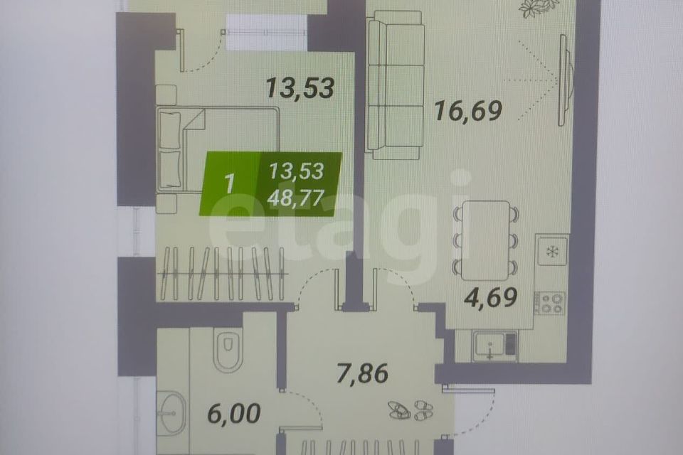 Продаётся 1-комнатная квартира, 48.6 м²