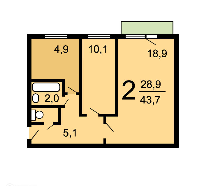Продаётся 2-комнатная квартира, 42.9 м²