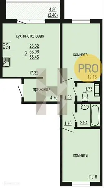 Продаётся 3-комнатная квартира, 55.46 м²