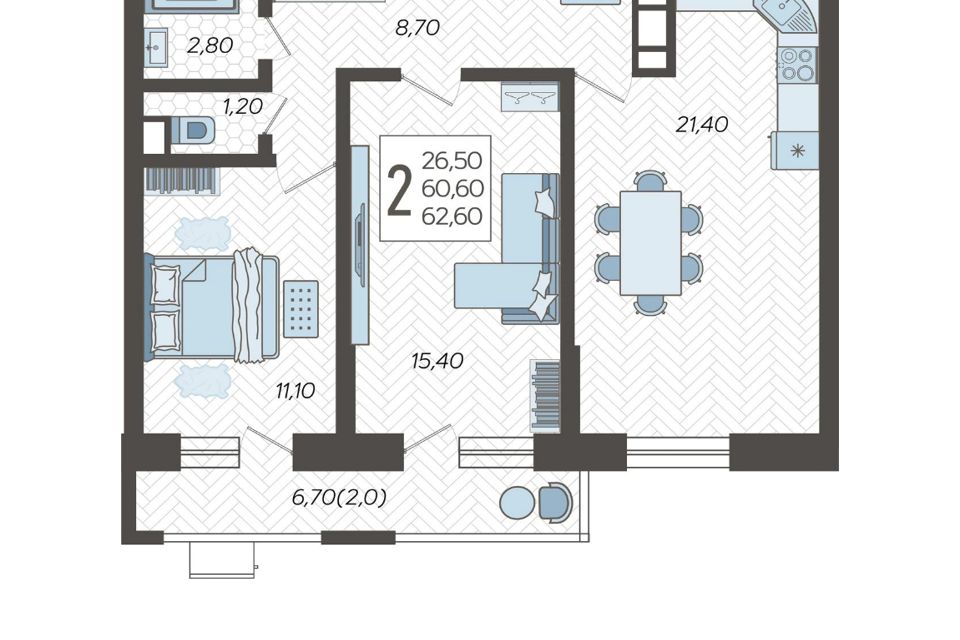 Продаётся 2-комнатная квартира, 62.6 м²