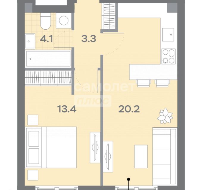 Продаётся 1-комнатная квартира, 43.3 м²