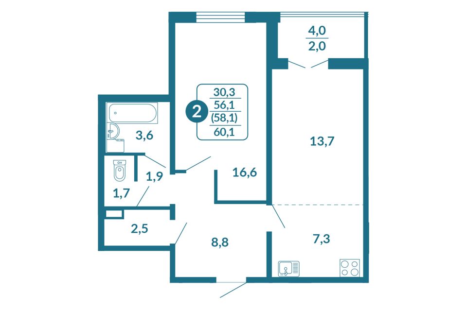Продаётся 2-комнатная квартира, 58.1 м²