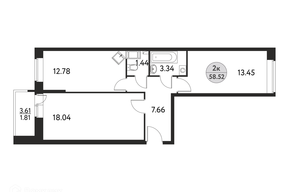 Продаётся 2-комнатная квартира, 58.52 м²