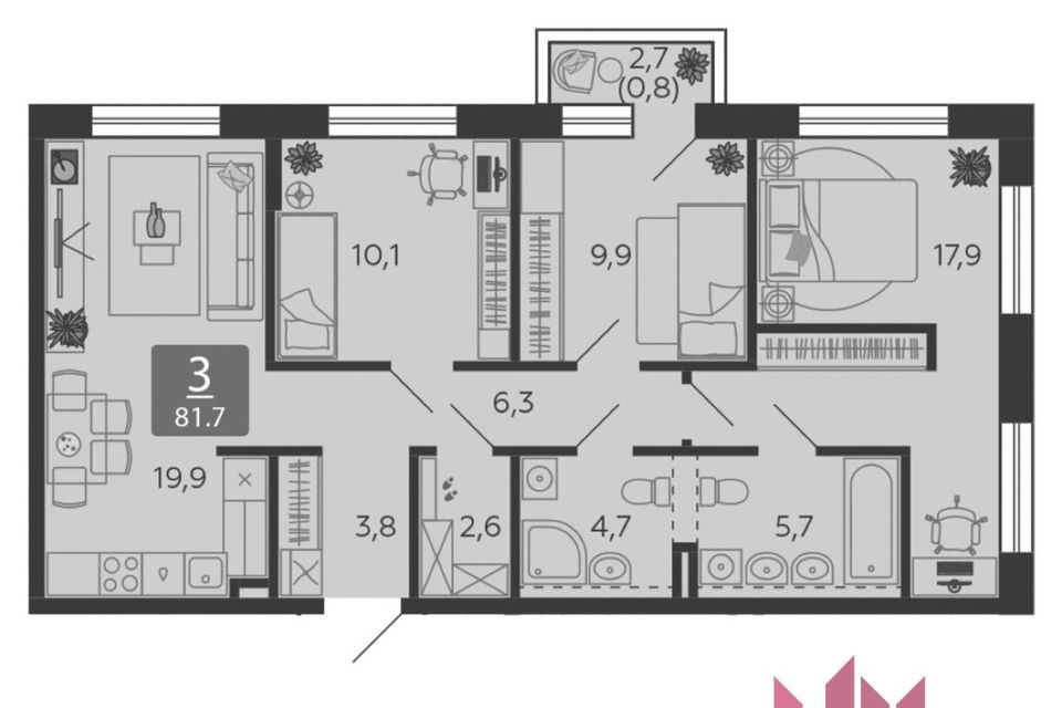 Продаётся 3-комнатная квартира, 81.7 м²