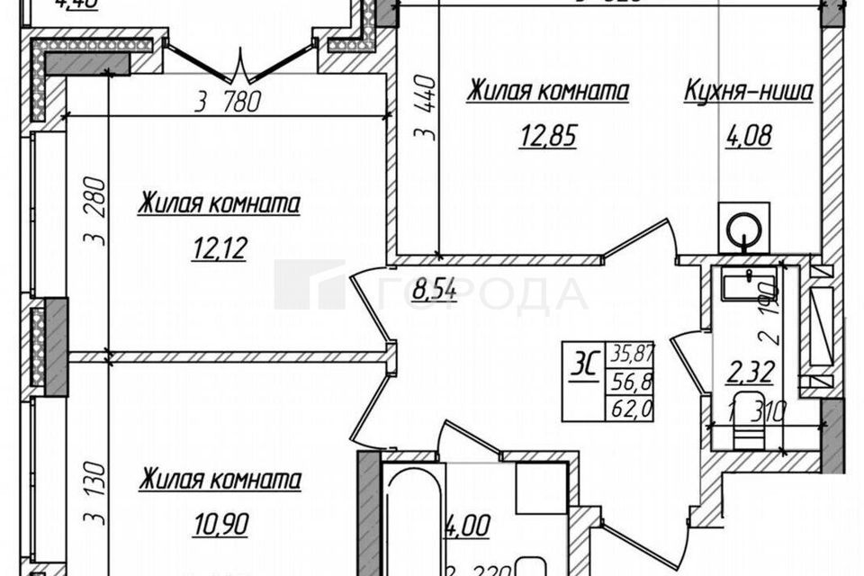 Продаётся 3-комнатная квартира, 62 м²