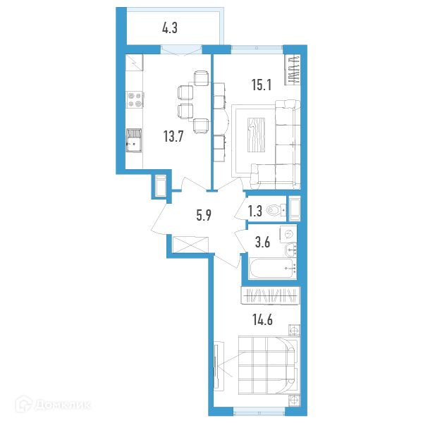 Продаётся 2-комнатная квартира, 56.4 м²