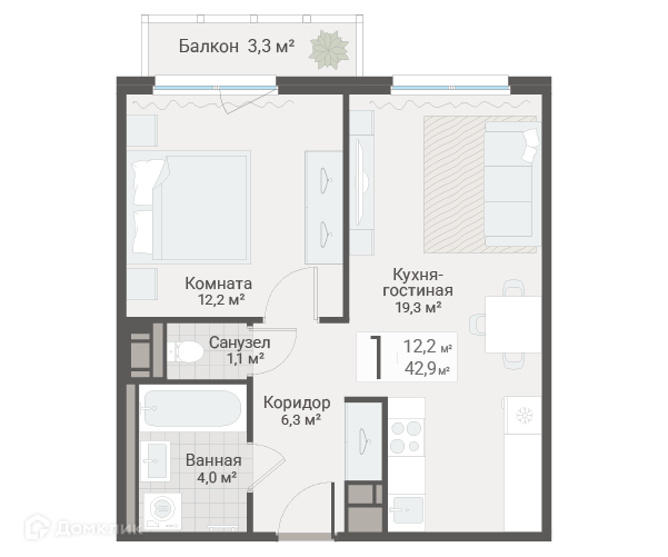 Продаётся 1-комнатная квартира, 42.9 м²