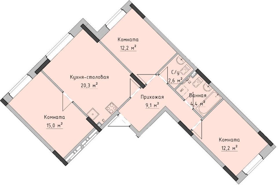 Продаётся 3-комнатная квартира, 75.9 м²
