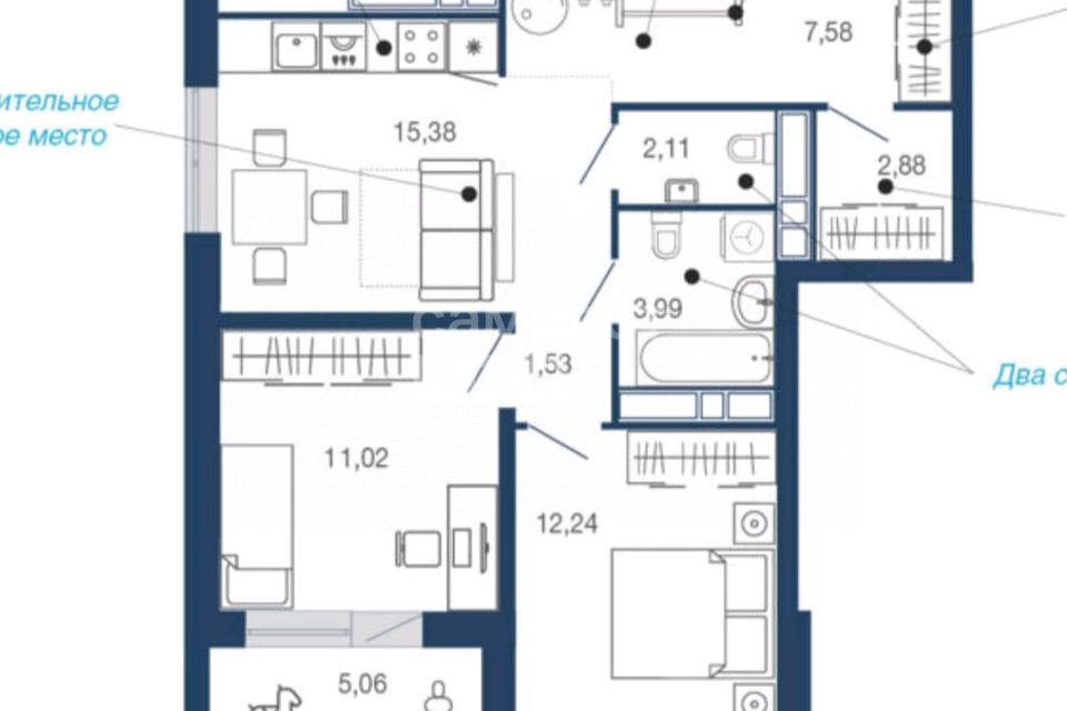 Продаётся 2-комнатная квартира, 62 м²