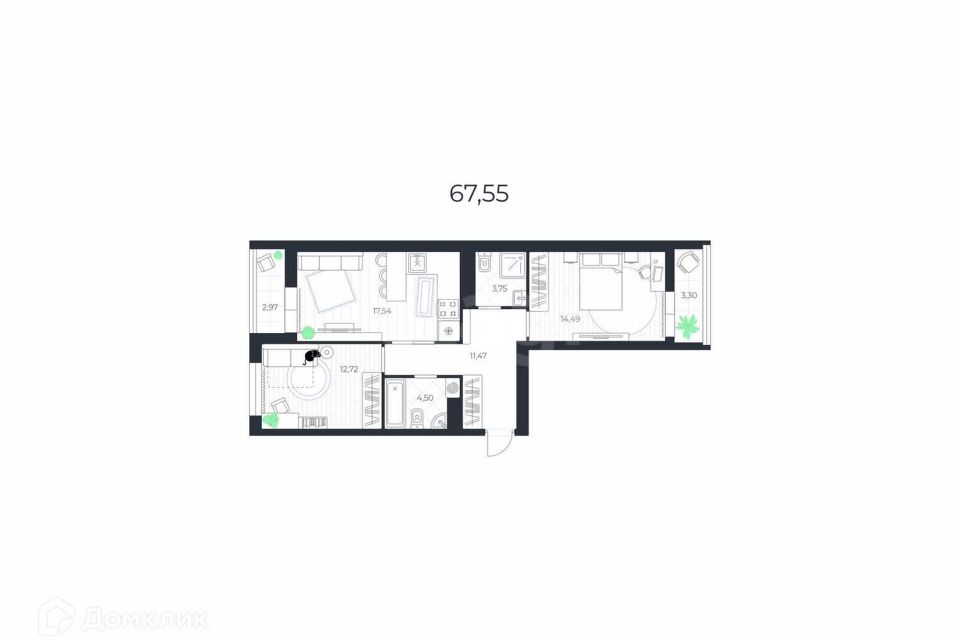 Продаётся 2-комнатная квартира, 67.6 м²