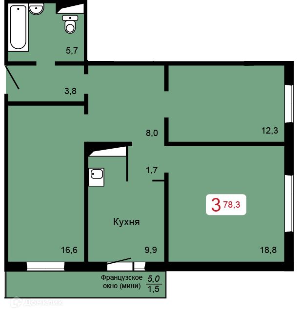 Продаётся 3-комнатная квартира, 78.3 м²