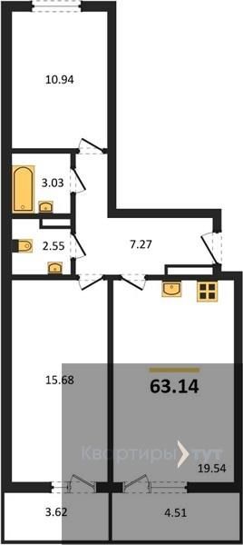 Продаётся 2-комнатная квартира, 63.14 м²