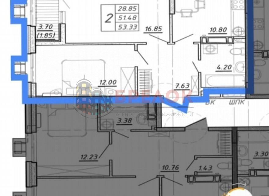 Продаётся 2-комнатная квартира, 53.3 м²