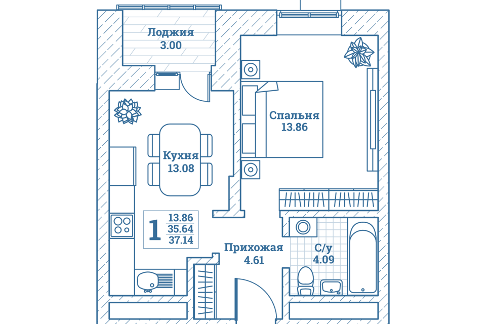 Продаётся 1-комнатная квартира, 37.4 м²
