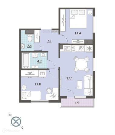 Продаётся 2-комнатная квартира, 55.4 м²
