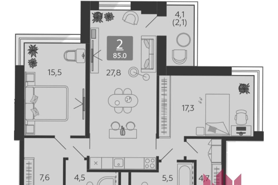 Продаётся 2-комнатная квартира, 85 м²