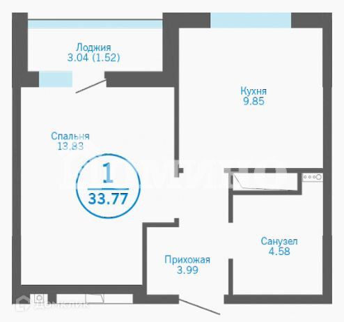 Продаётся 1-комнатная квартира, 33.8 м²