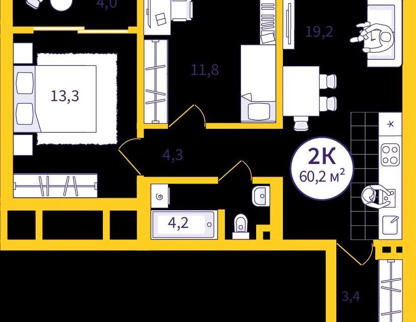 Продаётся 2-комнатная квартира, 58.26 м²