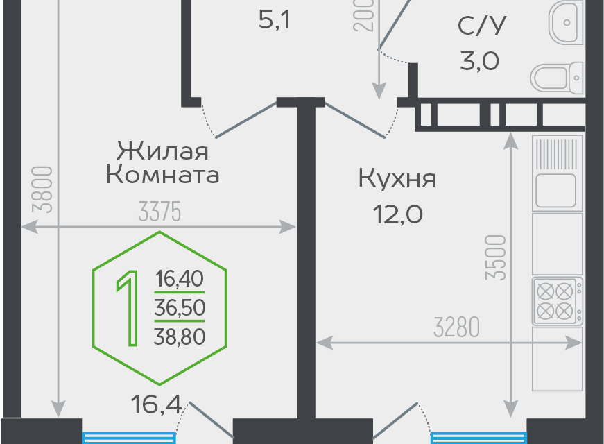 Продаётся 1-комнатная квартира, 37.4 м²