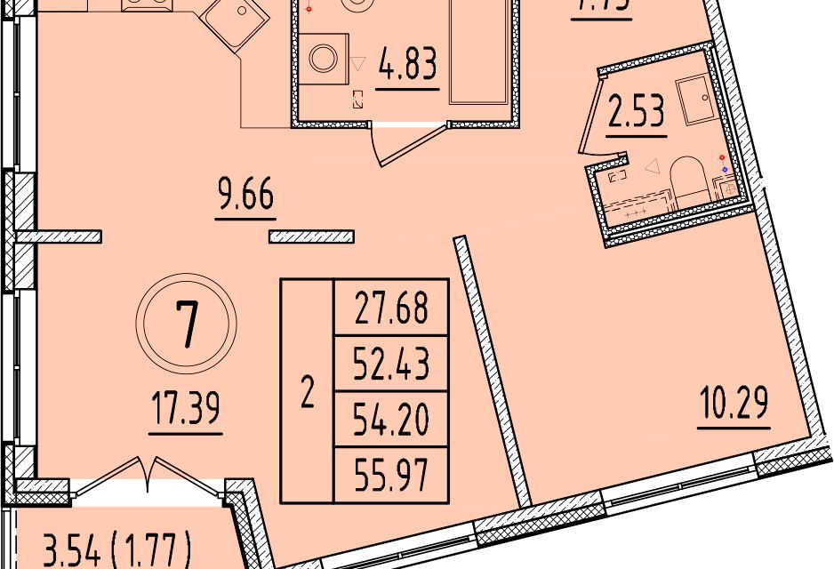Продаётся 2-комнатная квартира, 52.43 м²
