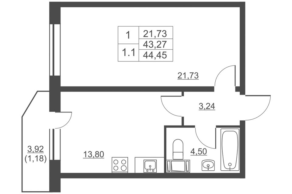 Продаётся 1-комнатная квартира, 43.1 м²