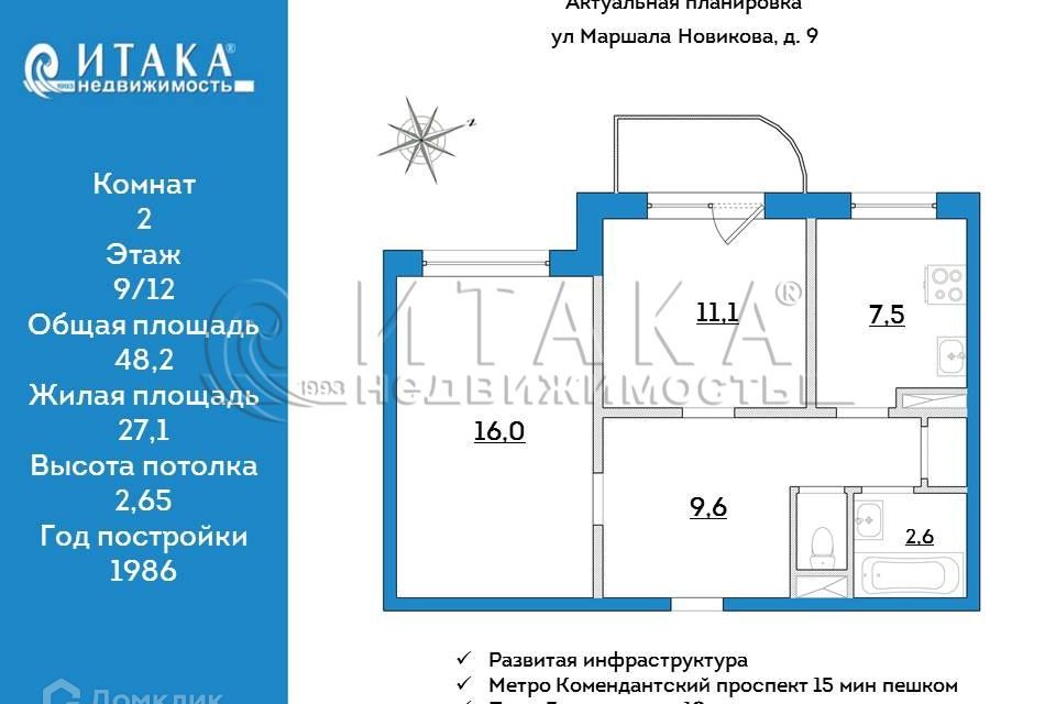 Продаётся 2-комнатная квартира, 48.2 м²