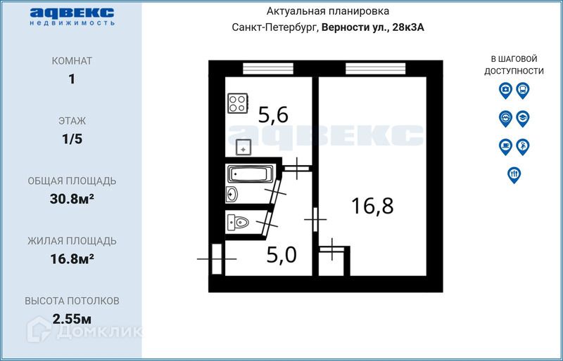 Продаётся 1-комнатная квартира, 30.8 м²