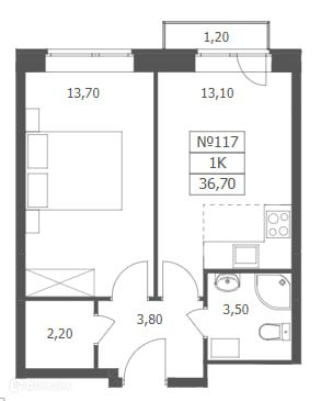 Продаётся 1-комнатная квартира, 36.7 м²
