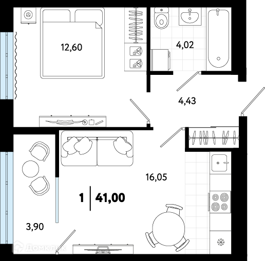 Продаётся 1-комнатная квартира, 39.6 м²