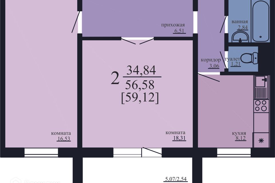 Продаётся 2-комнатная квартира, 56.6 м²