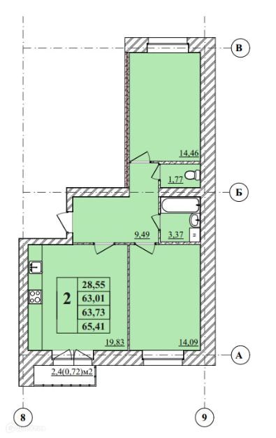 Продаётся 2-комнатная квартира, 65.41 м²
