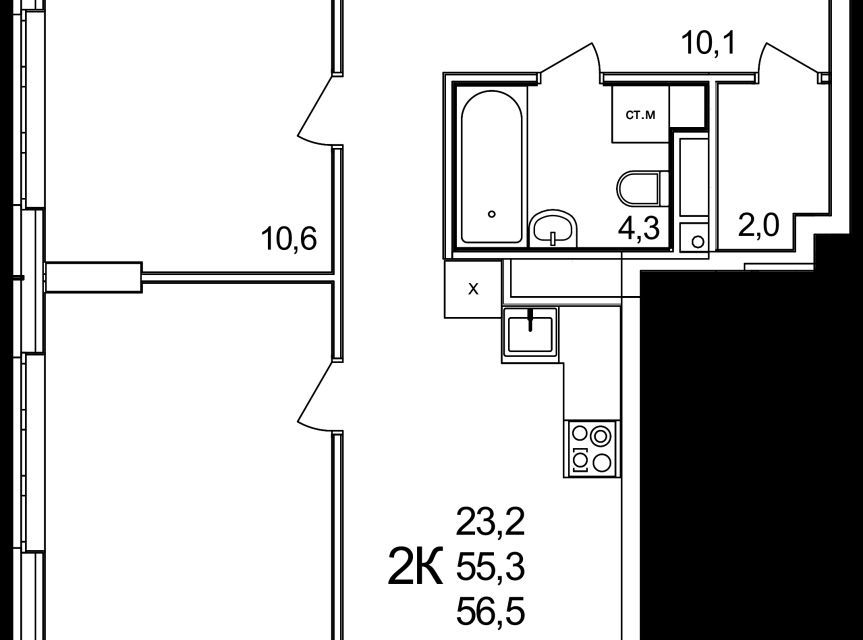 Продаётся 2-комнатная квартира, 56.5 м²