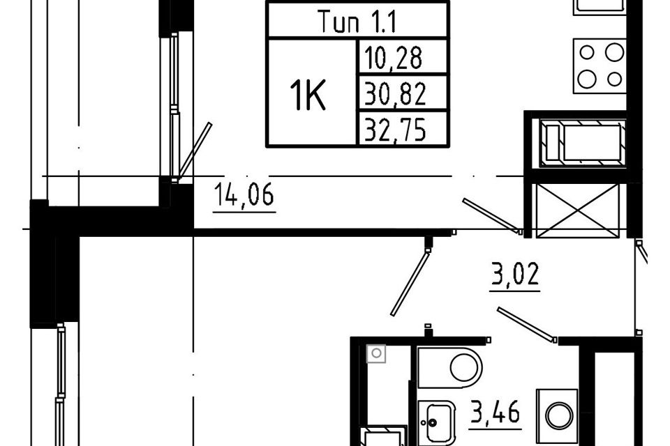 Продаётся 1-комнатная квартира, 32.75 м²