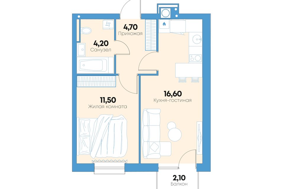 Продаётся 1-комнатная квартира, 39.4 м²