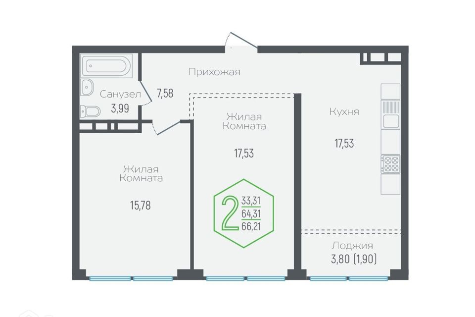 Продаётся 2-комнатная квартира, 65.8 м²