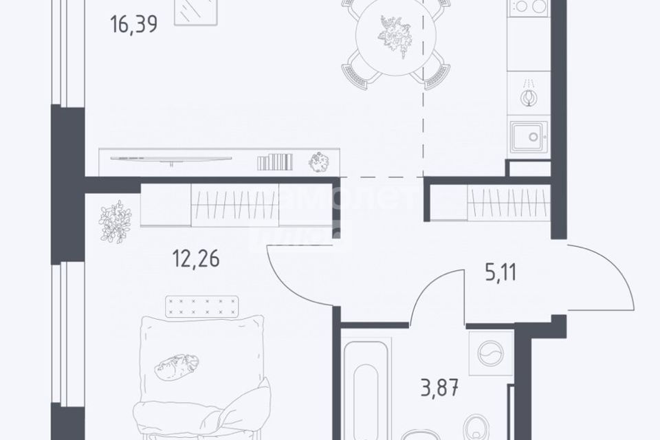 Продаётся 1-комнатная квартира, 43.67 м²