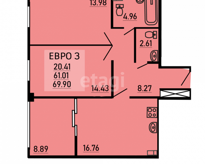 Продаётся 2-комнатная квартира, 69.9 м²