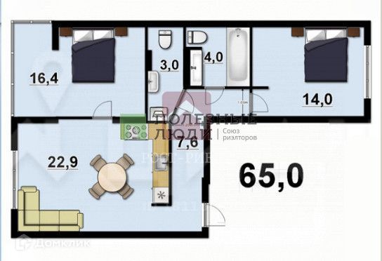 Продаётся 2-комнатная квартира, 65 м²