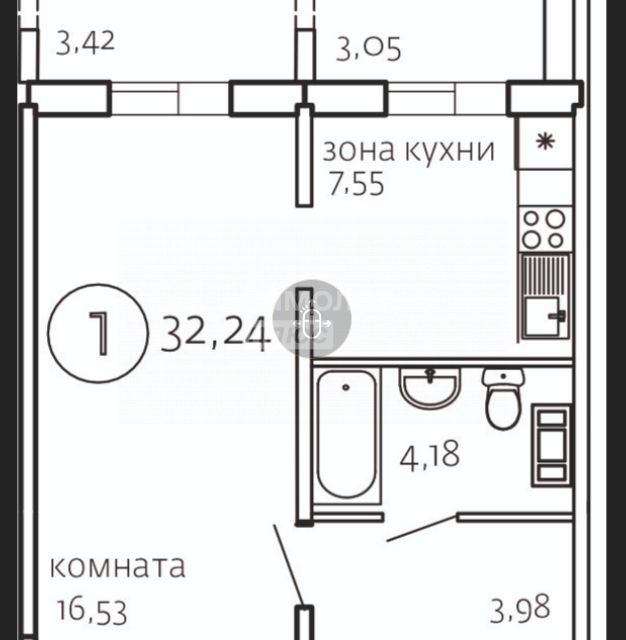 Продаётся 1-комнатная квартира, 32.24 м²