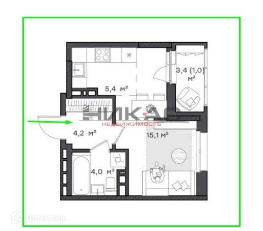 Продаётся 1-комнатная квартира, 29.5 м²
