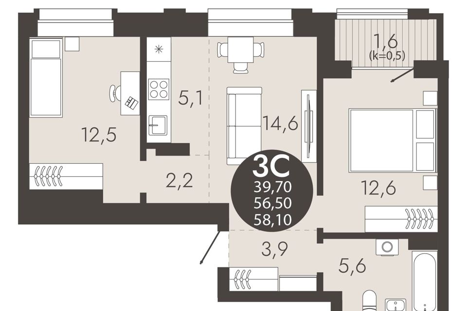 Продаётся студия, 58.1 м²