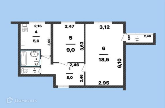 Продаётся 2-комнатная квартира, 46.6 м²