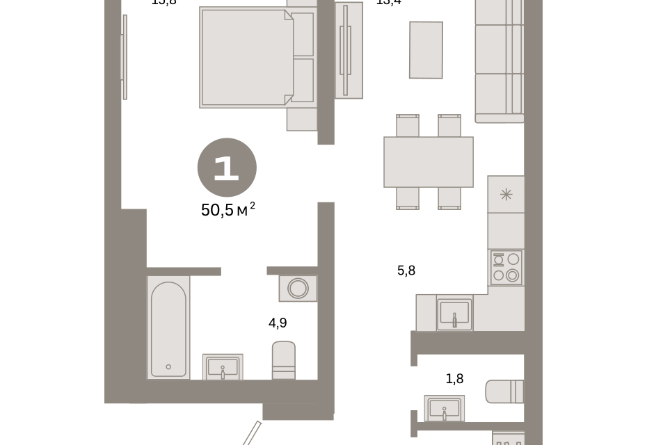 Продаётся 1-комнатная квартира, 50.5 м²