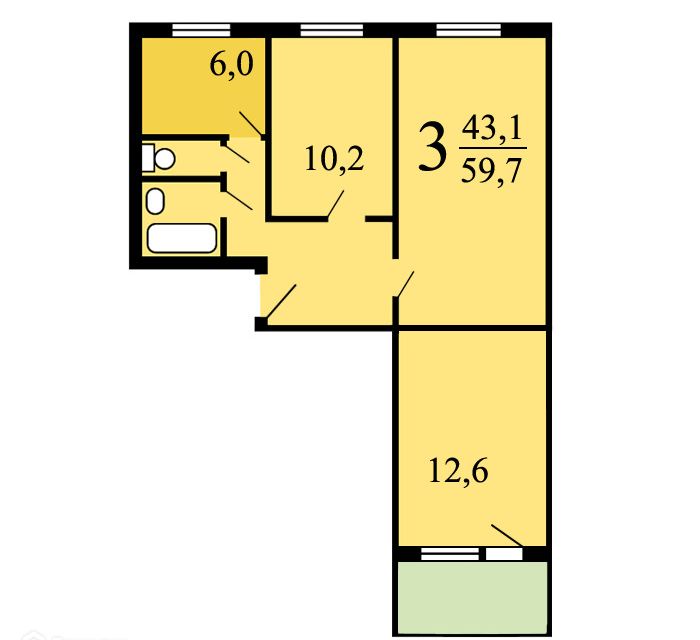Продаётся 3-комнатная квартира, 59.21 м²