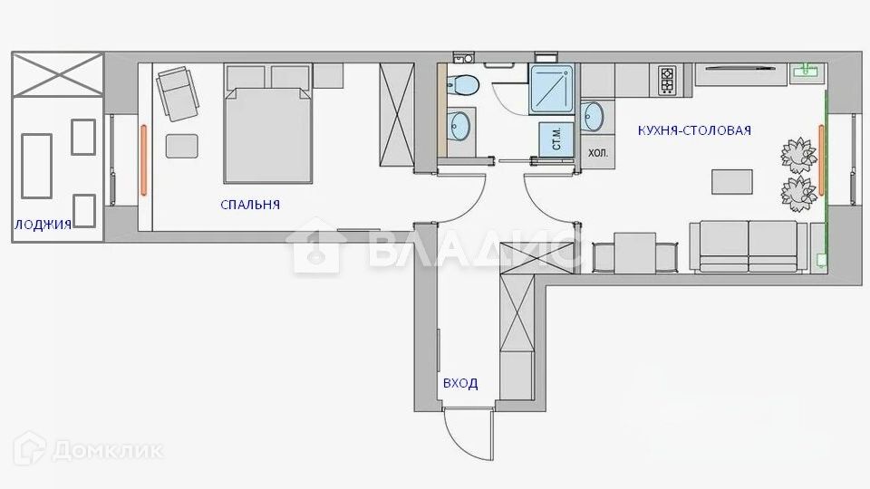 Продаётся 1-комнатная квартира, 44.4 м²