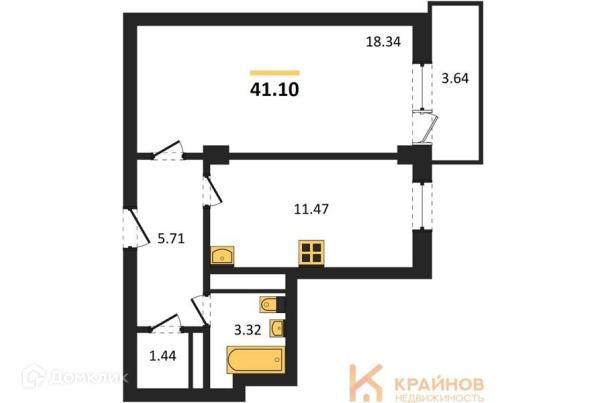 Продаётся 1-комнатная квартира, 41.1 м²
