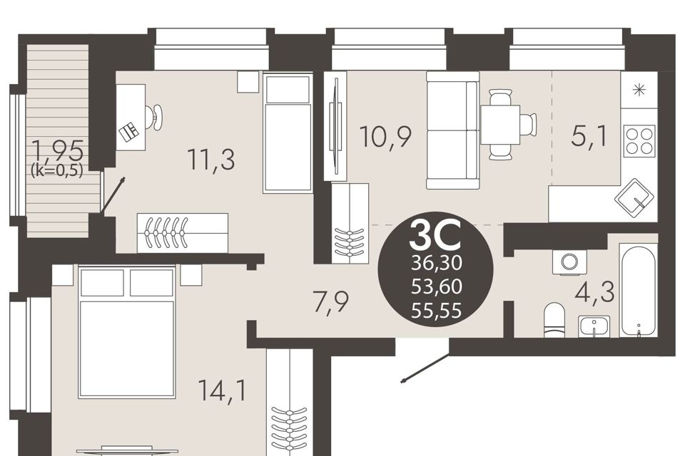 Продаётся студия, 55.55 м²