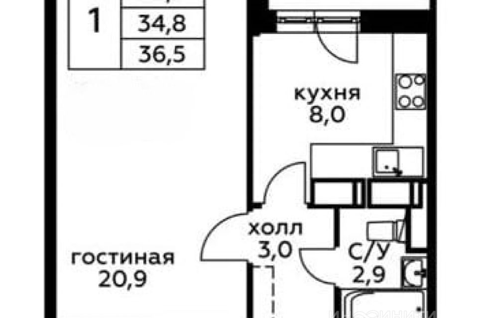 Продаётся 1-комнатная квартира, 34.8 м²